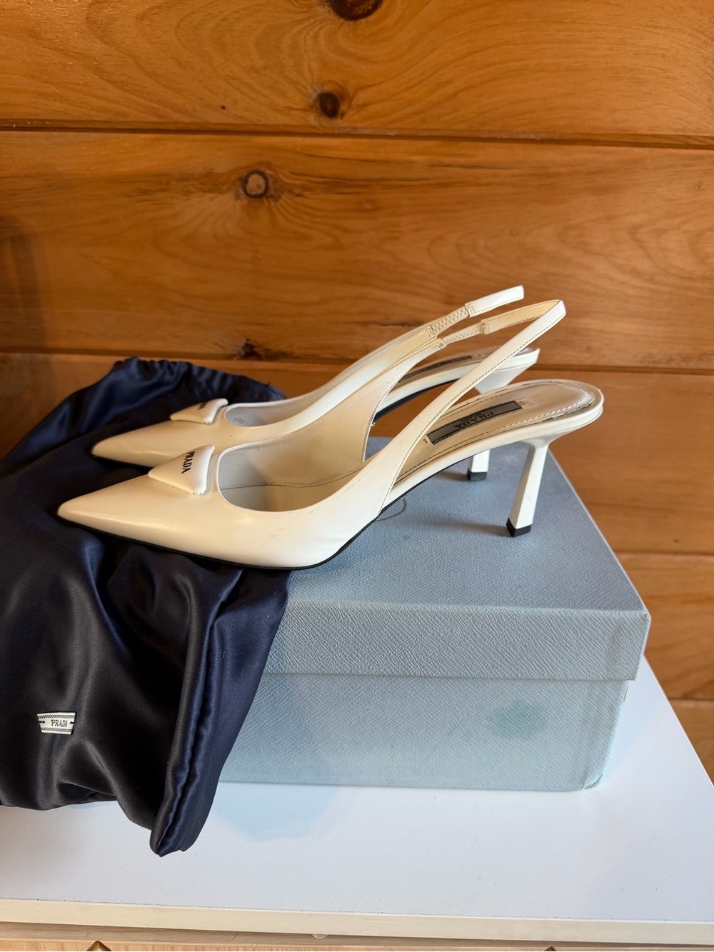 Prada White Pointed Patent Slingback Pumps - Picture 8 of 12